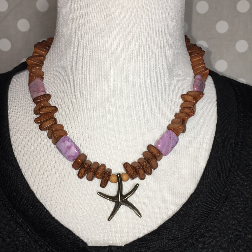 Natural stone and wood starfish statement necklace